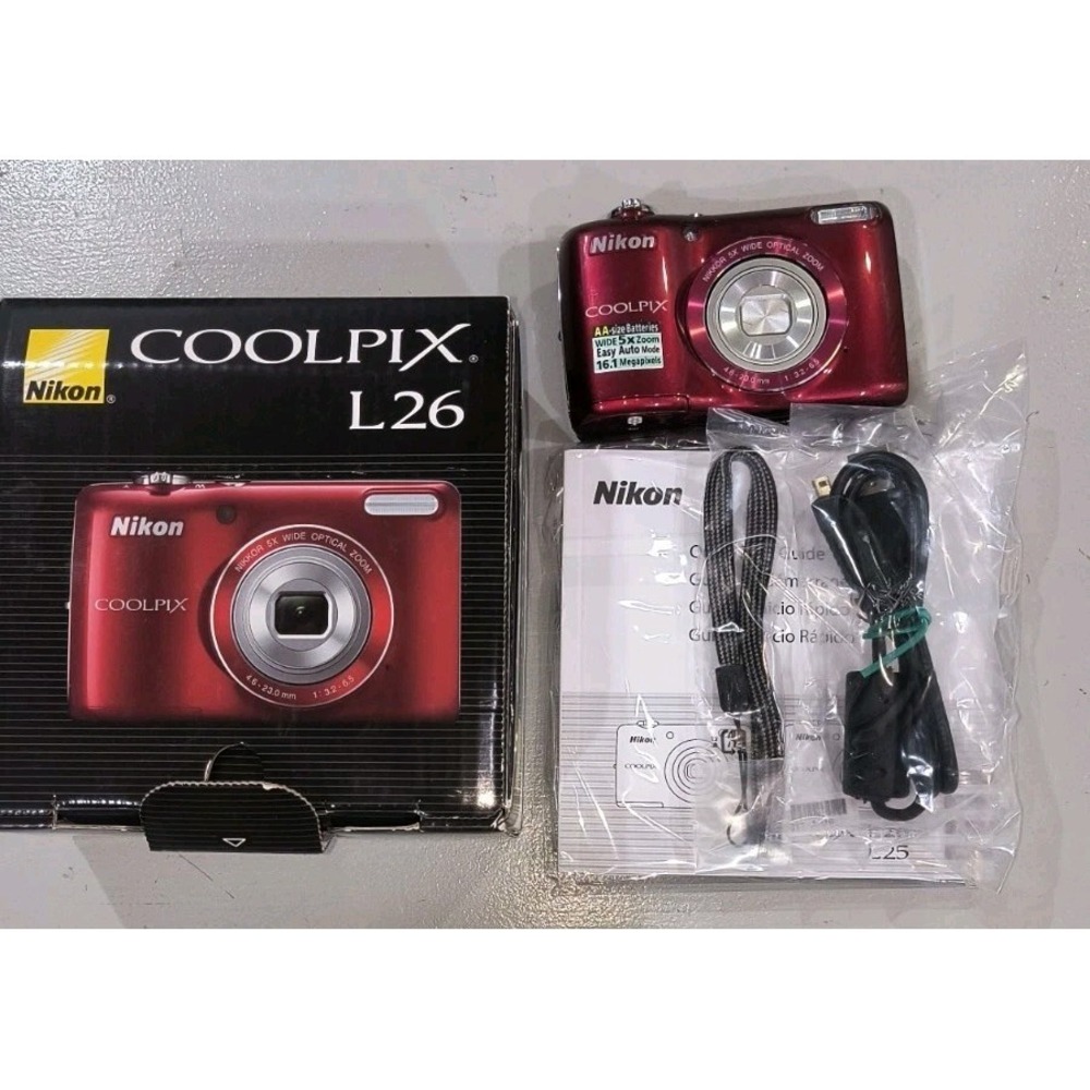 Nikon Coolpix L26, 16.1 MP, 3.0 LCD, 5X Zoom, Red Digital Camera w/Box, Manuals